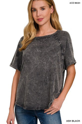 Zenana Back Patch Crinkle Washed Raglan Sleeve T-Shirts ASH BLACK OutfitFlow